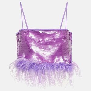 Purple Sequin Crop Top with Feather Trim